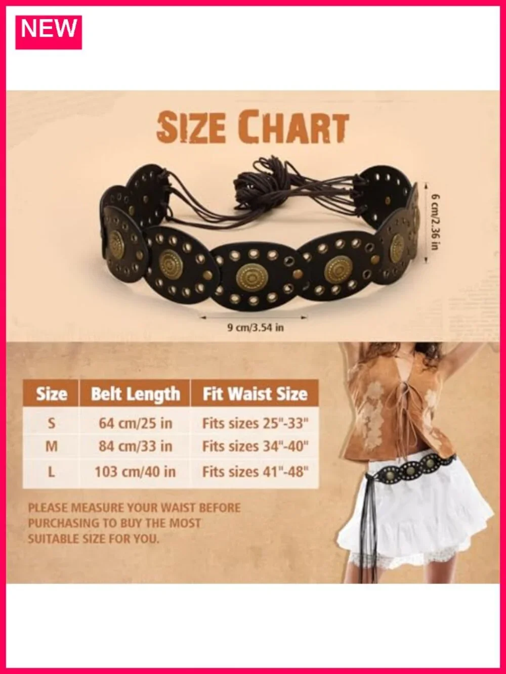 Womens Boho Disc Belt Concho Western Cowgirl Faux Leather Wide Vintage Waist